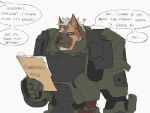  2019 anthro armor blue_eyes brown_body brown_fur cables canid canine canis cross-popping_vein dialogue domestic_dog dossier english_text facial_hair facial_scar file_folder files fur german_shepherd goatee green_armor hair herding_dog linked_speech_bubble machine male mammal muscular muscular_anthro muscular_male pastoral_dog power_armor reading rourke_(saberzelgrath) saberzelgrath scar solo speech_bubble text white_hair 
