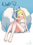  &gt;_o 1girl altaria arm_support arm_up bangs bare_arms bare_legs barefoot blonde_hair blunt_bangs blush braid commentary_request eyelashes full_body green_eyes highres kinocopro lillie_(pokemon) long_hair navel one_eye_closed open_mouth pokemon pokemon_(anime) pokemon_(creature) pokemon_sm_(anime) sitting swimsuit toes twitter_username watermark 