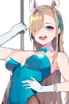  1girl :d animal_ears armpits asuna_(blue_archive) asuna_(bunny)_(blue_archive) bare_shoulders blonde_hair blue_archive blue_bow blue_bowtie blue_eyes blue_leotard bow bowtie breasts breasts_apart detached_collar english_commentary fake_animal_ears gloves hair_ornament hair_over_one_eye hand_on_own_hip hand_up highres holding holding_pole leotard long_hair looking_at_viewer official_alternate_costume one_eye_covered open_mouth pantyhose playboy_bunny pole rabbit_ears simple_background smile solo teeth tongue tor_(torkrub111) upper_body upper_teeth_only white_background white_gloves 