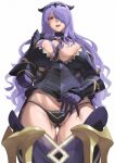  1girl armor blush breasts camilla_(fire_emblem) cleavage fire_emblem fire_emblem_fates gloves hair_ornament hair_over_one_eye highres large_breasts long_hair looking_at_viewer monoi_daru open_mouth partially_visible_vulva purple_eyes purple_hair simple_background smile solo thighhighs tiara very_long_hair wavy_hair 