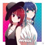  2girls 4b-enpitsu aqua_eyes arima_kana back-to-back bare_shoulders black_headwear blue_hair blunt_bangs blush bob_cut border chromatic_aberration closed_mouth collar collarbone collared_shirt commentary film_grain frilled_collar frilled_sleeves frills gradient_background gradient_hair hair_between_eyes hat head_tilt highres inverted_bob kurokawa_akane light_blue_hair looking_at_viewer medium_hair multicolored_hair multiple_girls oshi_no_ko puffy_short_sleeves puffy_sleeves red_eyes red_hair shadow shirt short_sleeves signature sleeveless sleeveless_shirt sparkle upper_body white_border white_shirt 