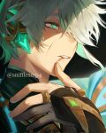  1boy @_(symbol) akasha_terminal alhaitham_(genshin_impact) artist_name black_background close-up finger_to_own_chin genshin_impact green_eyes grey_hair highres jewelry male_focus open_hand parted_lips ring scar scar_on_face short_hair simple_background snifflesmp4 solo twitter_username upper_body 