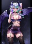  1girl absurdres apricot_the_lich arm_behind_head artist_name bikini black_choker black_hairband black_skirt black_thighhighs breasts cellphone chain choker cleavage closed_mouth clothes_in_mouth colored_inner_hair demon_girl demon_horns demon_wings discord_username ear_piercing fingernails green_eyes green_hair grey_hair hair_ornament hairband highres holding holding_phone horns iphone jewelry large_breasts long_fingernails multicolored_hair multiple_horns navel o-ring o-ring_choker o-ring_legwear_garter parted_bangs pencil_skirt phone piercing pointy_ears purple_bikini purple_horns purple_nails purple_skirt purple_wings reimundpurr sidelocks simple_background skirt smartphone smile solo sparkle standing streaked_hair swimsuit taking_picture thighhighs virtual_youtuber vshojo wings x_hair_ornament 