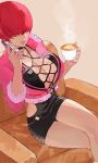  1girl breasts cellphone cleavage clothing_cutout coffee_mug crossed_legs cup hair_over_eyes highres hip_vent large_breasts lipstick makeup miniskirt mug oni_gini open_mouth phone red_hair shermie_(kof) sitting skirt smartphone snk solo the_king_of_fighters the_king_of_fighters_xv thighs 