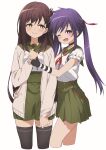  2girls absurdres black_thighhighs brown_hair cardigan choker cowboy_shot cropped_legs ebisuzawa_kurumi fang fingerless_gloves folded_hair gakkou_gurashi! gloves green_sailor_collar green_skirt highres holding_hands long_hair looking_at_viewer megurigaoka_high_school_uniform mole mole_under_eye multiple_girls nijizuki_shino purple_hair red_eyes sailor_collar sailor_shirt school_uniform serafuku shirt simple_background skirt striped striped_gloves thighhighs wakasa_yuuri white_background white_cardigan white_shirt 