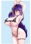  1girl absurdres armpits arms_up bikini black_bikini blush breasts commentary curvy genshin_impact hair_ornament highres huge_breasts kanesada_dp large_breasts long_hair looking_at_viewer mole mole_under_eye navel purple_eyes purple_hair raiden_shogun simple_background solo standing swimsuit thick_thighs thigh_strap thighs underboob 