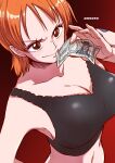  1girl aosora2823 artist_name bare_shoulders breasts cleavage closed_mouth commentary_request french_commentary highres holding holding_ticket nami_(one_piece) navel one_piece orange_eyes red_background short_hair shoulder_tattoo smile solo tattoo ticket 