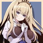  1girl absurdres azur_lane black_tiara blonde_hair blue_background blue_eyes border breasts closed_mouth cross framed_breasts hands_up highres large_breasts long_hair long_sleeves outside_border own_hands_clasped own_hands_together painleve_(azur_lane) rabe26k simple_background smile solo tiara upper_body yellow_border 