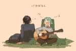  1boy 1girl acoustic_guitar alternate_costume arm_support backpack bag black_bag black_hair black_jacket blue_hair blush_stickers brown_background brown_pants casual closed_eyes commentary facing_away facing_viewer full_body grass green_footwear grey_shirt guitar hatsune_miku holding holding_guitar holding_instrument indian_style instrument jacket long_hair long_sleeves matsuzaki_black music musical_note on_ground open_mouth pants playing_guitar salaryman shirt shoes side-by-side simple_background singing sitting smile song_name spoken_musical_note twintails very_long_hair vocaloid 