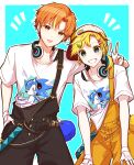  2boys baseball_cap blonde_hair border braid buttons commentary cowboy_shot gloves green_eyes hair_ornament hairpin hand_in_pocket hat headphones headphones_around_neck highres kagamine_len kaitou_shinshi_no_harahara!?_white_day_(project_sekai) looking_at_viewer male_focus multicolored_hair multiple_boys multiple_hairpins official_alternate_hairstyle orange_hair project_sekai sekai_no_sakura_tsunagaru_omoi_(project_sekai) shinonome_akito short_sleeves sonic_the_hedgehog streaked_hair suspenders teeth teneko02 tongue tongue_out v white_border white_gloves 