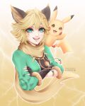  1girl absurdres anagatajavanese animal_ears black_gloves blonde_hair blue_eyes brown_scarf cat_ears creature creature_on_shoulder cropped_torso crossover fingerless_gloves gloves highres joy_(mobile_legends) mobile_legends:_bang_bang on_shoulder open_mouth pikachu pokemon pokemon_(creature) pokemon_on_shoulder scarf short_hair smile teeth upper_body upper_teeth_only 