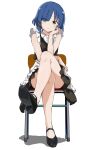  1girl alternate_costume apron bare_arms bare_legs black_dress blue_hair bocchi_the_rock! chair crossed_legs dress elbow_rest enmaided frills full_body hair_ornament hairclip head_rest highres looking_at_viewer maid maid_apron mole mole_under_eye rauto shoes short_hair simple_background sitting soles solo thighs white_background yamada_ryou yellow_eyes 
