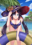  1girl absurdres adjusting_clothes adjusting_headwear aiueo_exe alternate_costume aqua_eyes beach breasts cleavage cloud cloudy_sky collarbone crescent feet_out_of_frame genshin_impact hat highres holding holding_innertube innertube leaf leaning_forward light_smile long_hair looking_at_viewer mona_(genshin_impact) one-piece_swimsuit outdoors purple_hair purple_one-piece_swimsuit sidelocks sky solo sparkle_print standing star_(symbol) swimsuit water witch_hat 