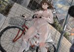  1girl aoi_sakura_(seak5545) bicycle blush bow bowtie breasts brown_eyes commentary_request cowboy_shot exhibitionism female_pubic_hair house large_breasts nude original outdoors pubic_hair public_indecency pussy raincoat red_bow see-through smile socks solo thighs transparent_raincoat utility_pole walking wall 