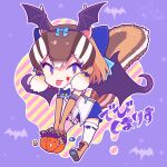  1girl acorn animal_ears blue_eyes boots brown_hair chipmunk_ears chipmunk_girl chipmunk_tail demon_wings elbow_gloves extra_ears full_body gloves halloween highres kemono_friends kemono_friends_v_project kitsunetsuki_itsuki kneehighs looking_at_viewer microphone pumpkin purple_background ribbon shirt short_hair shorts siberian_chipmunk_(kemono_friends) simple_background socks tail tongue vest virtual_youtuber wings 