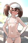  1girl bikini breasts brown_eyes brown_hair commentary_request contrapposto cowboy_shot furaggu_(frag_0416) hands_on_own_hips highres kantai_collection long_hair micro_bikini navel photo_background ryuujou_(kancolle) small_breasts solo swimsuit twintails visor_cap white_bikini 
