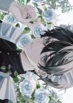  1boy black_hair blue_eyes closed_mouth ear_piercing earclip earrings expressionless fingernails flower hair_between_eyes highres jewelry leaf long_sleeves looking_at_viewer maid maid_headdress male_focus mole mole_under_eye multiple_rings original piercing ring short_hair solo sosaku_25 upper_body white_flower 