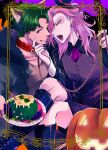  2boys animal_ears ascot ataka_takeru black_jacket black_nails black_vest boots chain cherry_blossom_(sk8) collar dog_ears earrings fur_trim gourd green_hair hat holding holding_plate jack-o&#039;-lantern jacket jewelry joe_(sk8) knee_boots leash lip_ring long_hair long_sleeves male_focus mini_hat multiple_boys muscular muscular_male open_mouth plate purple_ascot purple_background red_eyes sitting spider_web_tattoo tongue tongue_out vest yaoi yellow_eyes 