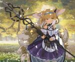  1girl absurdres animal_ears arknights bare_shoulders black_gloves blonde_hair blue_hairband blush braid closed_mouth clothing_cutout dress earpiece fox_ears fox_girl fox_tail gloves green_eyes hair_ornament hairband highres holding holding_staff infection_monitor_(arknights) kgt_(pixiv12957613) kitsune kyuubi multicolored_hair multiple_tails oripathy_lesion_(arknights) outdoors pantyhose purple_dress shoulder_cutout smile staff standing suzuran_(arknights) tail twin_braids two-tone_hair white_hair white_pantyhose 