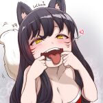  1girl ahri_(league_of_legends) animal_ears artist_name black_hair blush breasts cleavage facial_mark fangs finger_in_own_mouth fox_ears fox_girl fox_tail gradient_background heart large_breasts league_of_legends lolboja long_hair solo speech_bubble tail teeth tongue tongue_out whisker_markings yellow_eyes 