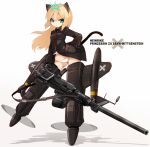  1girl animal_ears aqua_eyes black_gloves black_jacket black_tail cannon cat_ears cat_tail character_name closed_mouth gloves hand_on_own_hip heinrike_prinzessin_zu_sayn-wittgenstein highres hirschgeweih_antennas holding_cannon jacket karukan_(monjya) long_hair looking_at_viewer military_uniform noble_witches panties propeller simple_background solo striker_unit tail underwear uniform white_background white_panties world_witches_series 