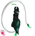  2022 absurd_res ambiguous_gender anthro black_body black_ears black_eyes black_fur black_hair blue_horn claws clothing fur green_body green_clothing green_eyes green_fur green_hair green_tail hair hi_res horn kalyn_(succubusbnny) long_tail mask paws solo species_request succubusbnny tail tail_tuft tuft white_eyes white_tail 
