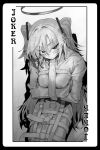  absurdres arms_under_breasts blue_archive bound card crossed_arms greyscale halo highres joker_(card) long_hair looking_at_viewer monochrome movik playing_card playing_card_theme restrained two_side_up very_long_hair yuuka_(blue_archive) 