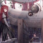  2girls bo_cota book book_stack bookshelf clock clockwork curtains day desk gears hallway highres holding holding_book indoors koakuma library multiple_girls patchouli_knowledge phonograph railing roman_numeral shadow sunlight touhou window_shade wooden_floor wooden_railing 