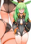  1girl adjusting_clothes adjusting_swimsuit ass ass_visible_through_thighs black_one-piece_swimsuit blush breasts cleavage cleavage_cutout clothing_cutout commentary_request embarrassed fate/grand_order fate_(series) from_behind from_below gloves green_hair head_wings highleg highleg_swimsuit highres jacket long_sleeves looking_at_viewer multiple_views olrun_(fate) one-piece_swimsuit open_mouth red_eyes short_hair simple_background swimsuit thigh_gap thighs valkyrie_(fate) white_background wings yoosai 