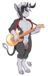  2018 abs anthro asinus balls black_body black_fur black_sclera cloven_hooves demon donkey equid equine fur genitals guitar hair hi_res hooves horn looking_at_viewer male mammal muscular_arms musical_instrument penis plucked_string_instrument red_eyes rick_griffin solo string_instrument white_body white_fur white_hair 