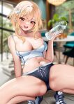  1girl :d bangs bare_shoulders black_shorts blonde_hair blurry blurry_background bottle camisole crop_top genshin_impact hair_between_eyes hand_up highres holding holding_bottle long_hair looking_at_viewer lumine_(genshin_impact) micro_shorts midriff navel open_mouth shoes shorts smile sneakers solo spaghetti_strap sports_bra spread_legs squchan stomach thighs water_bottle yellow_eyes 
