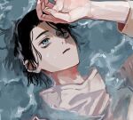  1boy afloat black_hair blue_eyes hand_on_own_forehead highres jacket jujutsu_kaisen llilililiilii male_focus medium_hair okkotsu_yuuta parted_lips solo water white_jacket 