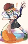  ! +_+ 1girl apron beret collared_shirt commentary_request gradient_hair green_eyes green_footwear hat highres inkbrush_(splatoon) inkling inkling_girl multicolored_hair nastar_r0 orange_hair paint paintbrush purple_hair shirt shoelaces shoes short_hair socks solo splatoon_(series) tongue tongue_out two-tone_hair white_background white_shirt white_socks 