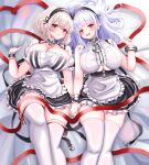  anchor_necklace apron azur_lane black_wrist_cuffs breasts cleavage collar dido_(azur_lane) frilled_apron frills grey_hair highres holding_hands jewelry kokonoe910 large_breasts long_hair lying maid maid_apron maid_headdress metal_collar necklace on_back open_mouth purple_eyes red_eyes red_ribbon ribbon sheet_grab short_hair sirius_(azur_lane) thighhighs two-tone_dress underboob white_thighhighs wrist_cuffs 