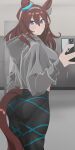  animal_ears ass blue_eyes blush breasts brown_hair casual cellphone cowboy_shot from_behind hairband highres holding holding_phone hood hoodie horse_ears horse_girl horse_tail kumabachi315 large_breasts locker long_hair midriff mihono_bourbon_(umamusume) phone selfie tail umamusume 