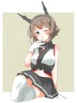  1girl brown_hair chestnut_mouth crossed_legs flipped_hair green_eyes grey_skirt hairband headgear highres kantai_collection mutsu_(kancolle) no_chi_(aka_hara) one-hour_drawing_challenge one_eye_closed pleated_skirt radio_antenna shirt short_hair sitting skirt sleeveless sleeveless_shirt solo thighhighs white_thighhighs 