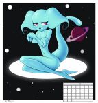  alien big_ears big_hands blue_body blue_skin blush breasts butt calendar calendar_pinup cosmic_background covering covering_breasts crossed_arms cute_fangs earthbound_(series) embarrassed eyelashes featureless_feet female giygas hi_res humanoid legs_together looking_away navel nintendo not_furry nude open_mouth open_smile pinup planet pose red_eyes saturn_(planet) shy sirredbenjamin sitting skinny small_breasts small_waist smile solo starry_background yokozuwari 