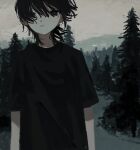  1girl black_shirt closed_mouth cloud cloudy_sky expressionless forest grey_sky highres hill looking_at_viewer nature original outdoors pine_tree shirt short_sleeves sky solo tree upper_body uzmaki_tamago 
