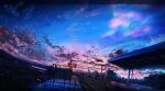  aurora building city cityscape cloud commentary_request dusk fence highres horizon kaminami_yoshitaka letterboxed mountainous_horizon night night_sky no_humans original outdoors overhead_line partial_commentary railroad_tracks scenery sign sky star_(sky) starry_sky train_station 