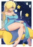  ! 1girl absurdres barefoot blonde_hair blue_dress blue_eyes blush breasts cleavage collarbone crown dress eyeshadow hair_over_one_eye highres large_breasts long_hair long_sleeves looking_at_viewer makeup mario_(series) off-shoulder_dress off_shoulder princess rosalina shooting_star side_slit sitting sky smile solo space sparkle speech_bubble spoken_star star_(sky) star_(symbol) starry_sky super_mario_galaxy thighs tony_welt 