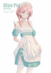  1girl apron arknights blue_eyes blue_poison_(arknights) braid choker closed_mouth clothes_lift dress dress_lift garter_belt highres lifted_by_self long_hair maid maid_apron maid_headdress pink_hair sin. solo standing thighhighs twin_braids white_choker white_thighhighs wrist_cuffs 