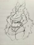  anthro big_breasts bottomwear breasts canid canine canis claws cleavage clothed clothing eyelashes female fluffy fur graphite_(artwork) hair hair_over_eye hands_on_hips hi_res long_hair mammal midriff navel neck_tuft non_existing one_eye_obstructed pencil_(artwork) shorts snout solo thick_thighs traditional_media_(artwork) tuft wolf 