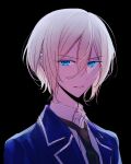  1boy black_background black_necktie blazer blonde_hair blue_eyes blue_jacket collared_shirt eichi_turnr ensemble_stars! jacket looking_at_viewer male_focus necktie open_mouth school_uniform shirt short_hair solo teeth tenshouin_eichi white_shirt yumenosaki_school_uniform 