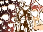  1boy animal_focus armor character_request check_character closed_mouth commentary cowboy_shot cu_chulainn_(fate) fate_(series) fish gate_of_babylon_(fate) gauntlets highres male_focus monochrome orange_theme portal_(object) sacabambaspis scalizo smile solo standing triangle_mouth 