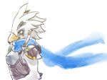  1boy armor beak bird_boy blue_scarf body_fur breastplate closed_mouth commentary_request from_side furry furry_male hair_tubes happy male_focus partial_commentary profile rito scarf short_hair shoulder_pads simple_background sketch smile solo standing teba_(zelda) the_legend_of_zelda the_legend_of_zelda:_breath_of_the_wild ukata upper_body white_background white_fur white_hair yellow_eyes 