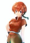  1girl blue_eyes braid braided_ponytail breasts chinese_clothes closed_mouth commentary_request cowboy_shot genderswap genderswap_(mtf) highres long_hair looking_at_viewer ranma-chan ranma_1/2 red_hair saotome_ranma shiratama_akari simple_background single_braid smile solo tangzhuang white_background 