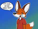  anthro blue_background bodily_fluids brown_body brown_fur canid canine clothing crying fox fur geekfox geekfox_(character) gradient_background green_background male mammal open_mouth orange_body orange_fur polo_shirt red_polo_shirt shirt simple_background solo tears tears_of_joy tongue_showing topwear white_body white_fur 