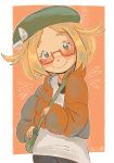  1girl artist_name bag bianca_(pokemon) blonde_hair blush bow brown_coat coat flipped_hair glasses green_eyes green_headwear handbag hat hat_bow highres krisper_(krissilverfan) looking_at_viewer orange_background pokemon pokemon_(game) pokemon_adventures pokemon_bw red-framed_eyewear semi-rimless_eyewear shirt short_hair smile standing white_bow white_shirt 