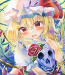  1girl :d absurdres blonde_hair blush commentary_request crystal flandre_scarlet hat highres holding holding_skull looking_at_viewer medium_hair mob_cap nail_polish open_mouth red_nails simple_background skull smile solo torajirou_(toraneko_zirou) touhou wings 