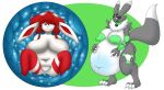  anthro bandai_namco belly big_belly big_breasts blue_stomach breasts digimon digimon_(species) digiwolx_(character) duo eeveelution female female/female generation_4_pokemon glaceon green_nipples hi_res nintendo nipples pokemon pokemon_(species) renamon vlea vlea_(vglaceon) vore 